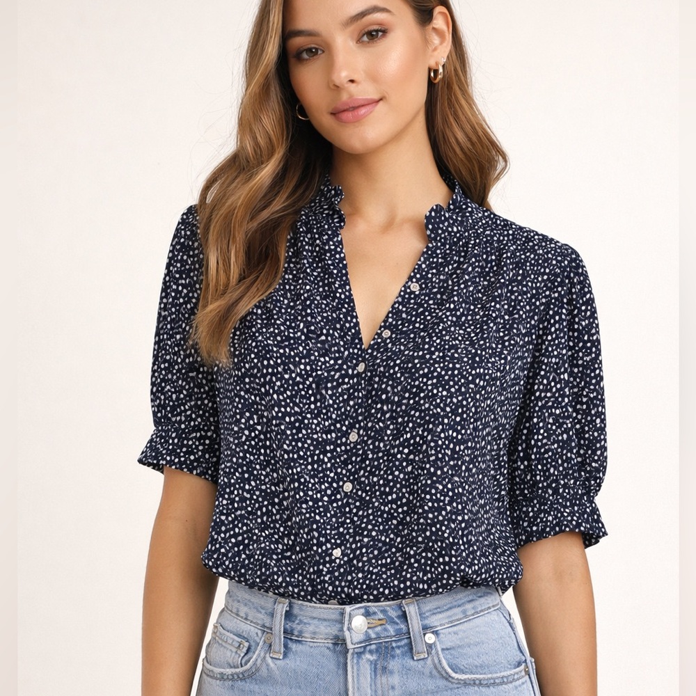 Showpo Navy and White Ditsy Print Button-Up Blouse